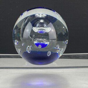 Vintage Art Glass Controlled Bubbles Cobalt Blue Clear Paperweight